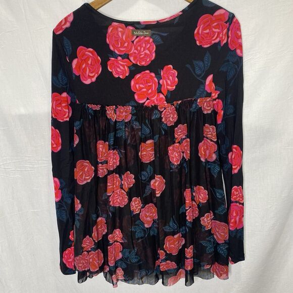 MATILDA JANE Dress Floral Mesh Overlay Tiered Long Sleeve Fitted NWT XS Black - Picture 2 of 13